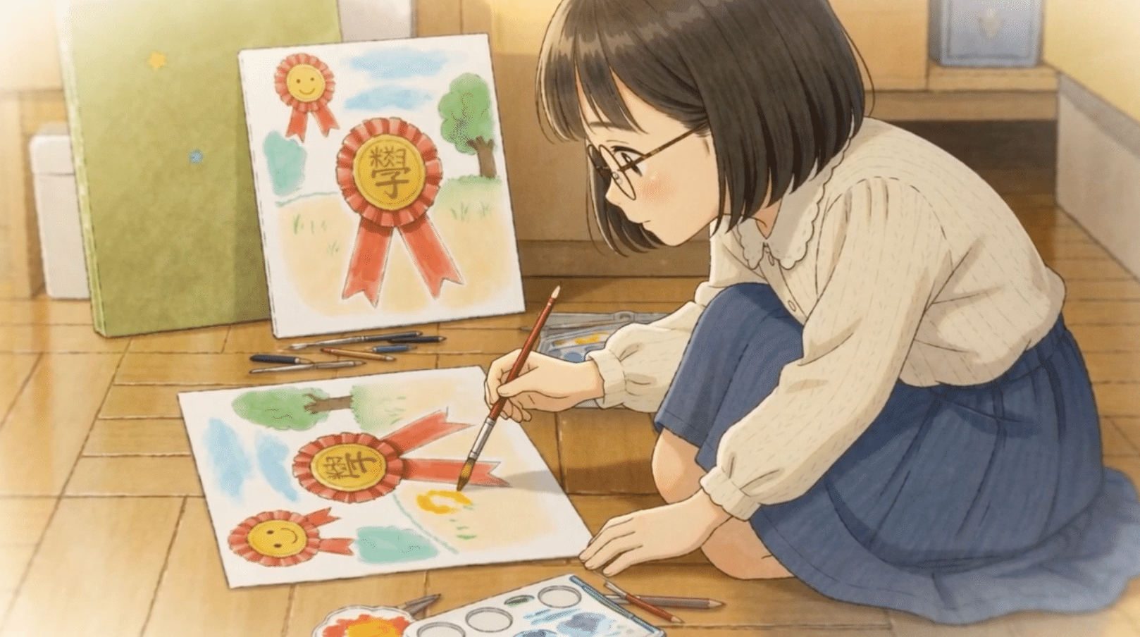 作品中の回想場面。女の子が机に向かい絵を描いている
